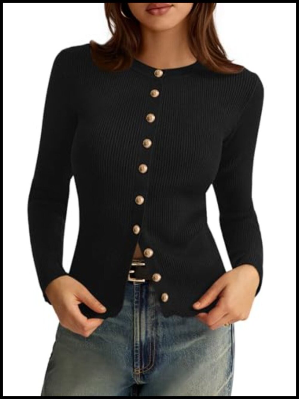 Lightweight Ribbed Knit Button Down Crewneck Cardigan Sweater
